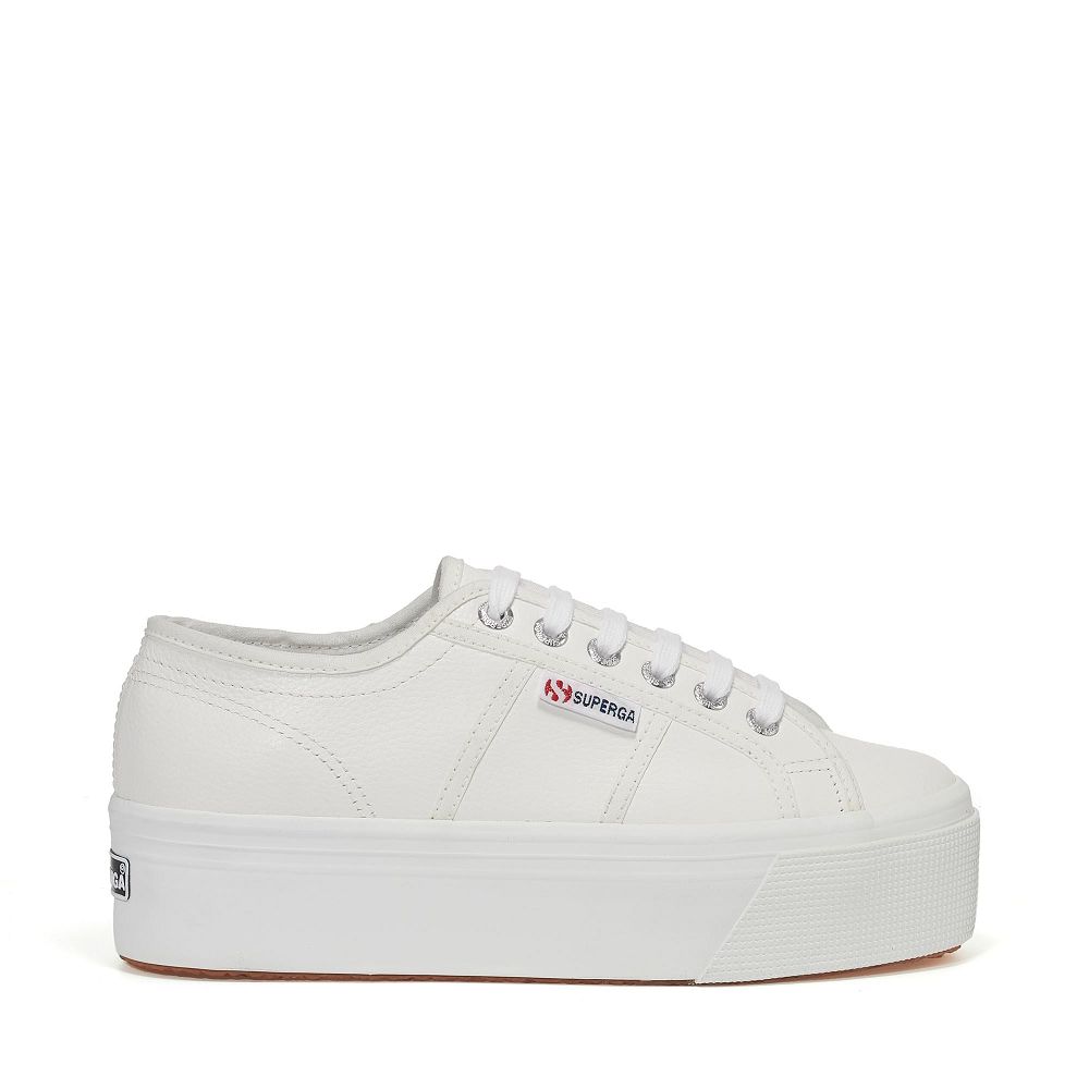 Superga 2790 Tumbled Leather White Platform Sneakers - Women's Sneakers USA | US2621945